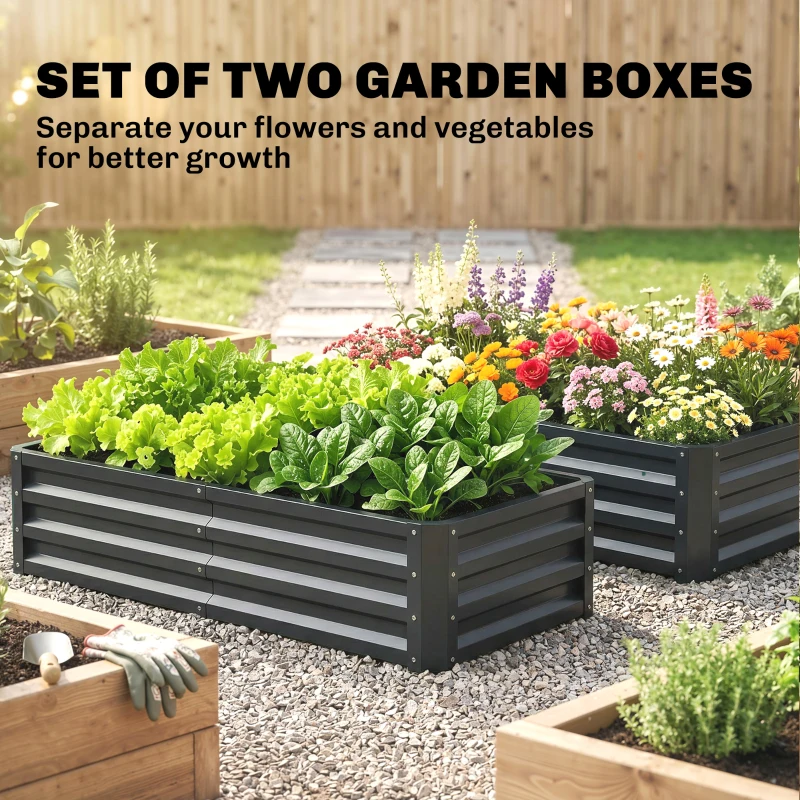 Outsunny 4' x 2' x 1' Raised Garden Bed, Set of 2 Galvanized Planter Box for Vegetables, Flowers, Herbs, Grey