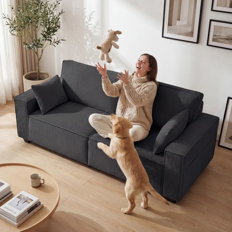 HOMCOM 86" 3 Seater Sofa, Modern Corduroy Upholstered Couch, Dark Grey