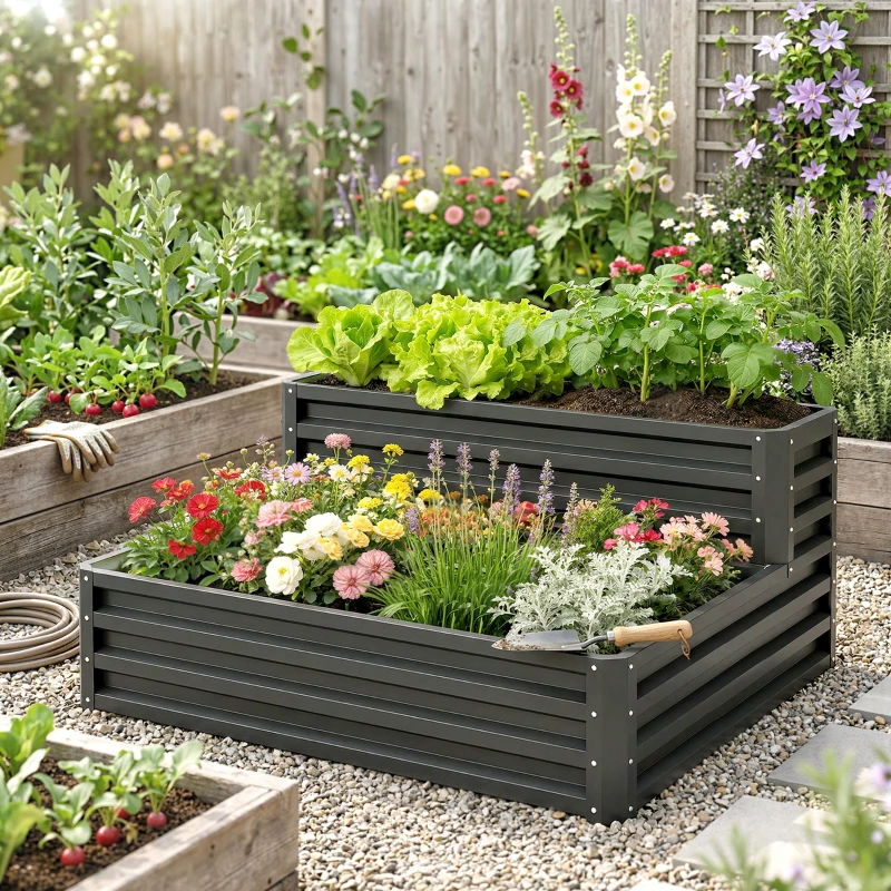 Outsunny 2 Tier Raised Garden Bed, 47" x 40" x 23" Galvanized Steel Planter Box for Vegetables, Flowers, and Herbs, Dark Grey
