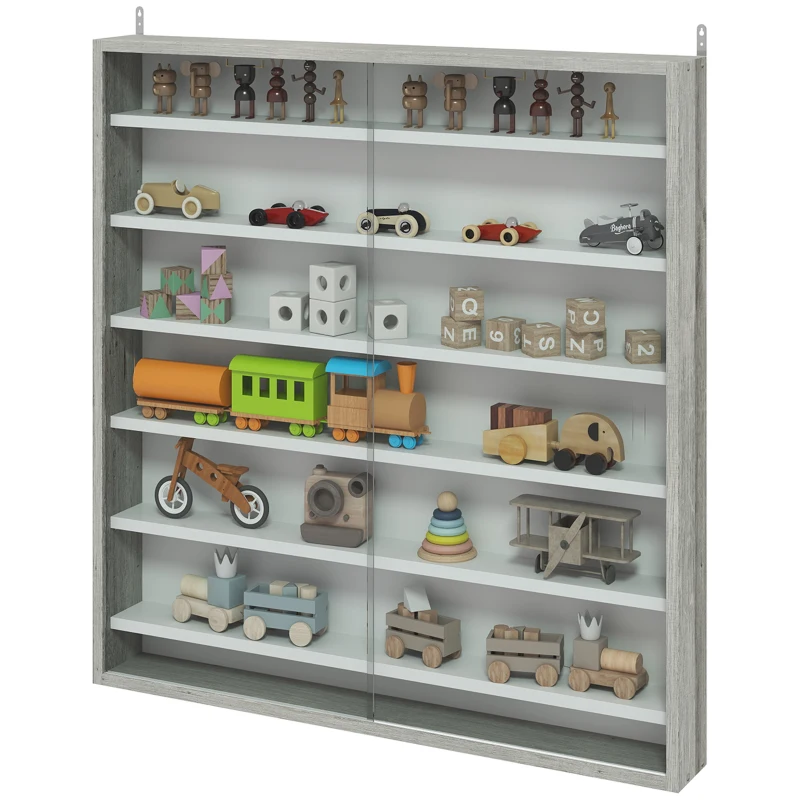 HOMCOM 7-Tier Display Cabinet, Shot Glass Display Case, Glass Curio Cabinet with 2 Glass Doors and 6 Adjustable Shelves, Grey