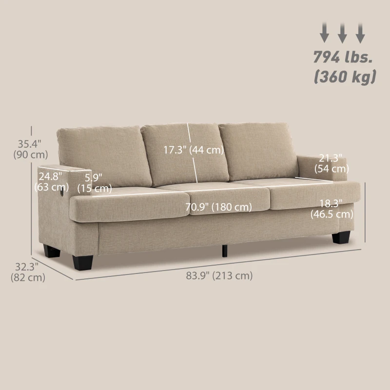HOMCOM 3 Seater Sofa with USB Ports & Cup Holders, Chenille-Feel Upholstered Couch for Living Room, Light Brown