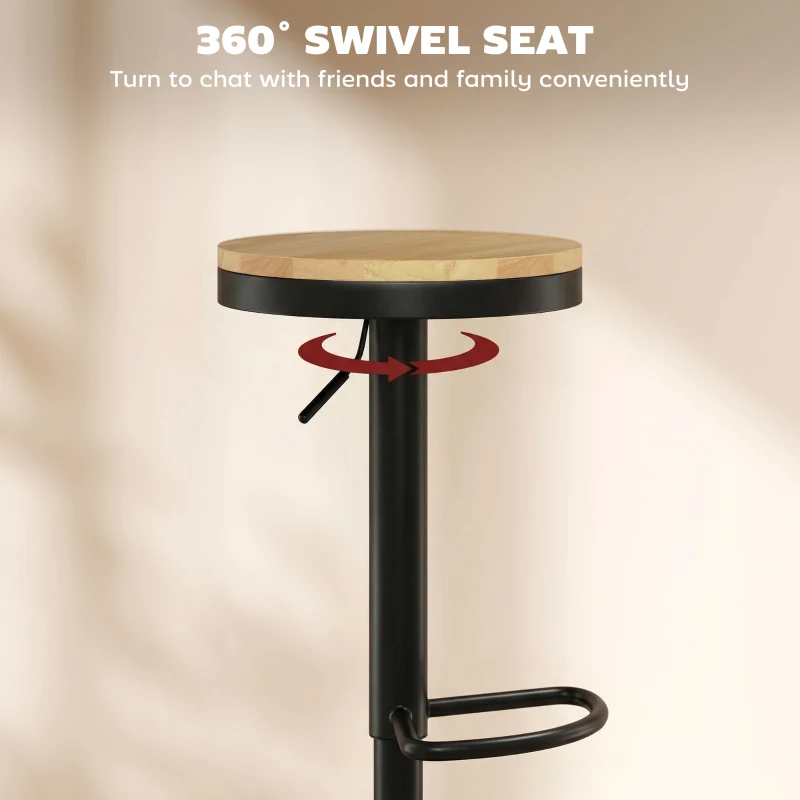 HOMCOM Wood Barstools Set of 2, Swivel Bar Stools with Adjustable Height for Kitchen Counter, Natural Wood and Black