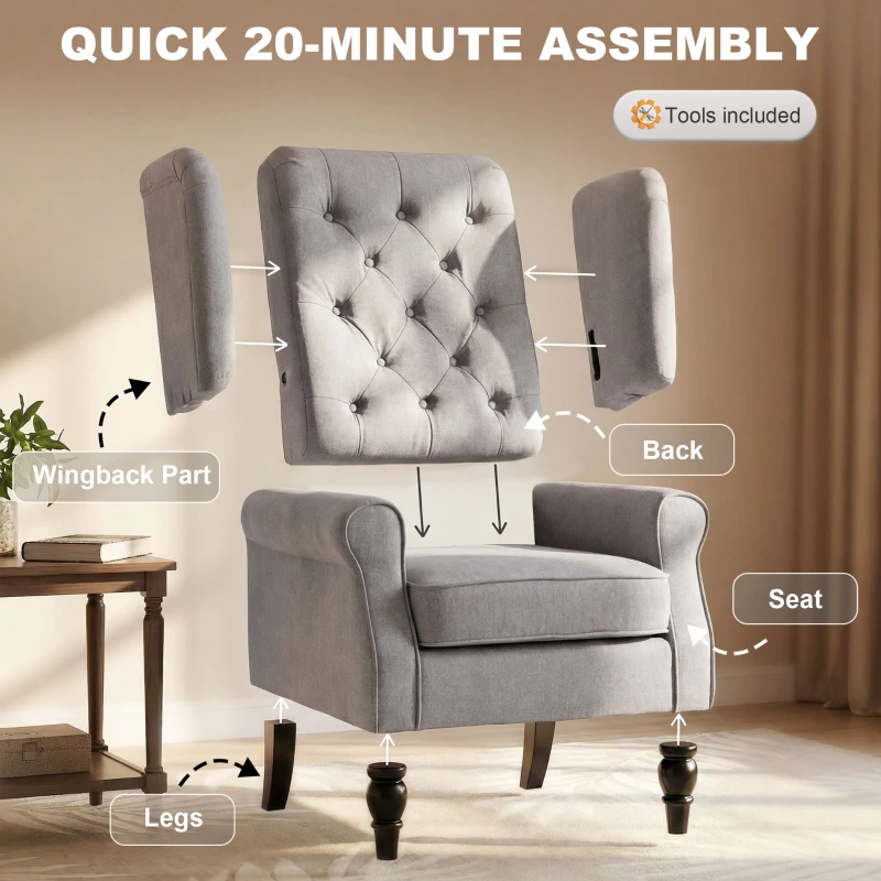 HOMCOM Fabric Accent Chair, Button Tufted Armchair, Upholstered Modern Living Room Chair, Wingback Chair with Wood Legs, Rolled Arms, Thick Padding for Bedroom, Grey