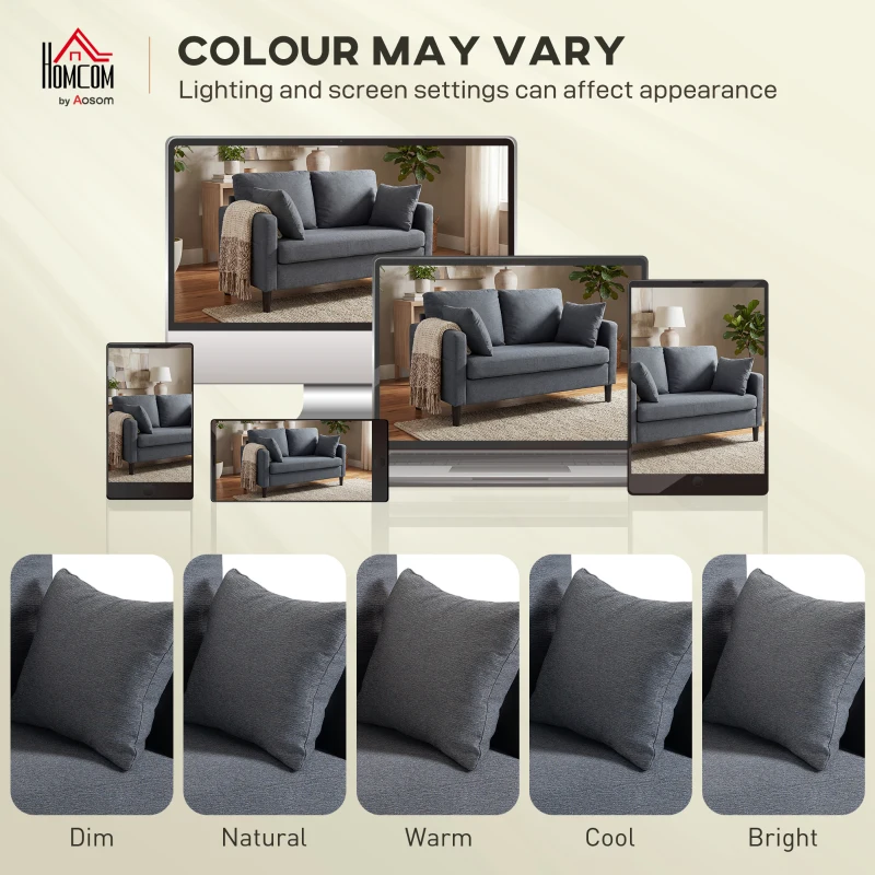 HOMCOM 55" Loveseat Sofa, Modern Linen Upholstered Couch with Spring Cushion, 2 Pillows, Dark Grey