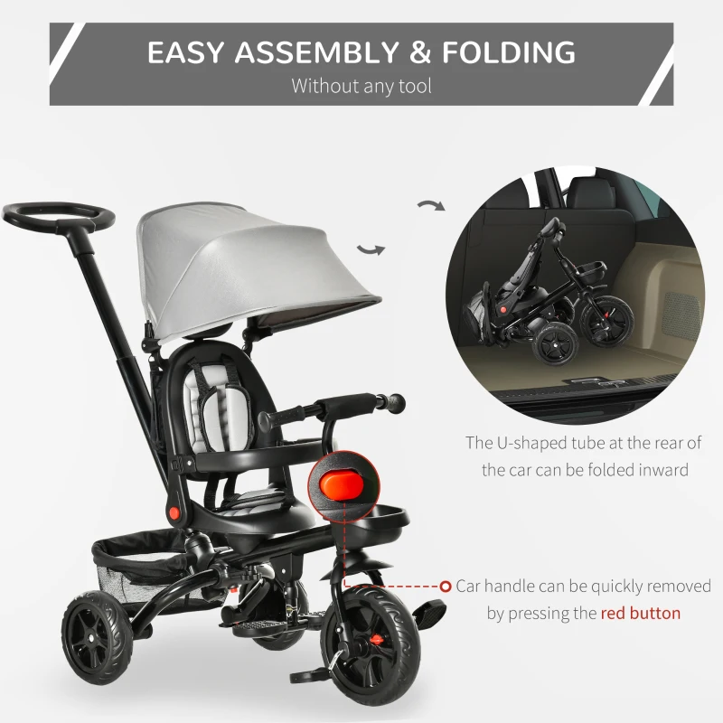 Qaba Tricycle for Toddler 4 in 1 Kids Trike, Foldable Converts Stroller to Toddler Bike, Adjustable Backrest & Curved Canopy, Detachable Guardrail & Handle for 1-5 Years Old, Grey