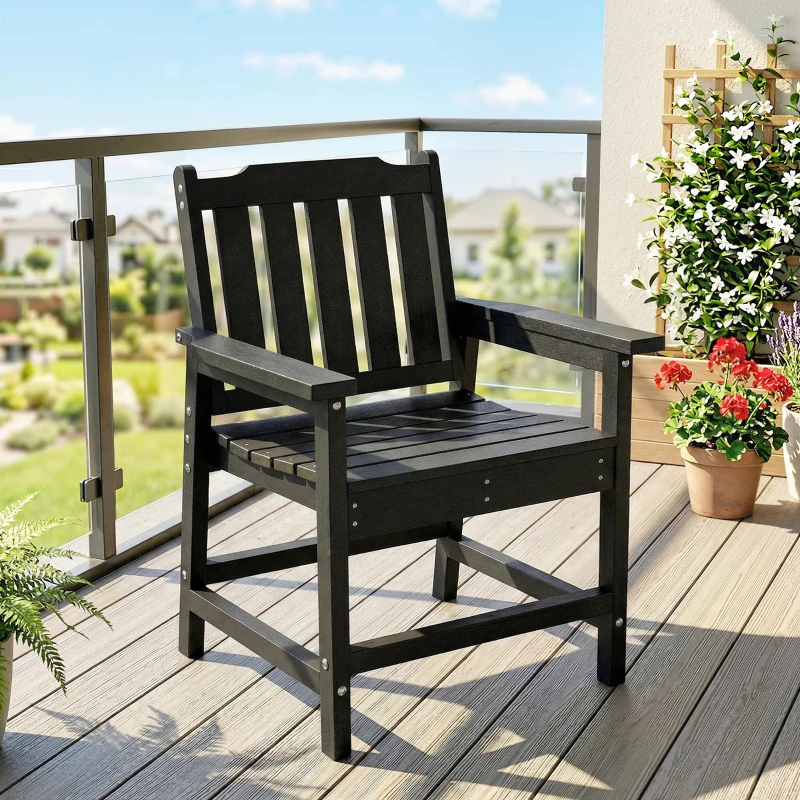 Outsunny All-Weather Patio Chair, HDPE Patio Dining Chair, Heavy Duty Wood-Like Outdoor Furniture for Garden, Backyard, Deck, Porch, Lawn, Black