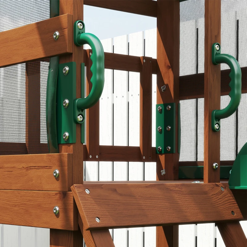 Qaba Wood Swing Set, Outdoor Playset with Slide, 2 Swings, Rock Wall and Covered Upper Deck, Kids Outdoor Playground