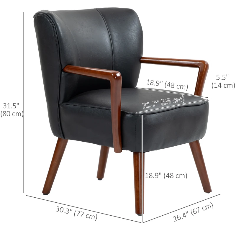 HOMCOM Accent Chair, Modern Armchair, Faux Leather Upholstered Living Room Chair with Wood Legs and Wide Padded Seat, Black