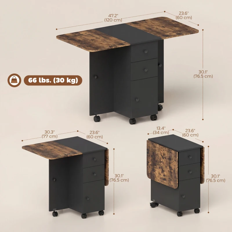 HOMCOM Drop Leaf Dining Table, Mobile Folding Table on Wheels with Drawers and Cabinet for Dining Room, Rustic Brown and Black