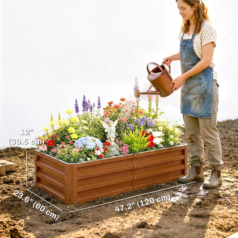Outsunny 4' x 2' x 1' Raised Garden Bed, Set of 2 Galvanized Planter Box for Vegetables, Flowers, Herbs, Dark Brown Wood Effect
