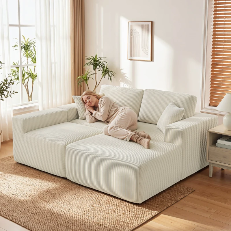 HOMCOM 2-in-1 Modular Sectional Sofa, Boneless L Shaped Couch Sofa Bed, Cream White