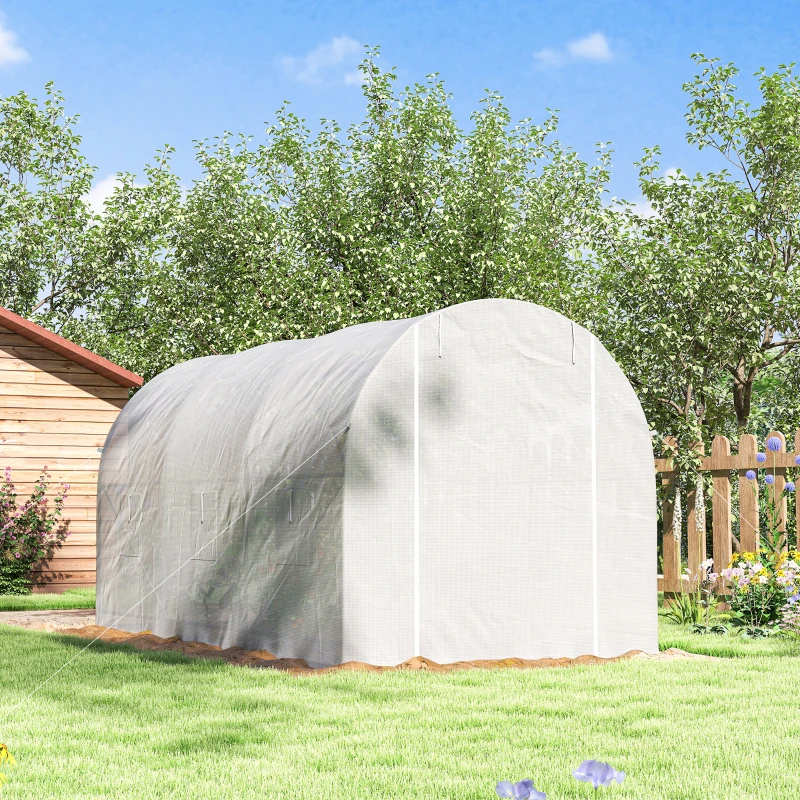 Outsunny 11.5x6.6x6.6ft Walk-in Tunnel Greenhouse Portable Garden Plant Growing Warm House with Door and Ventilation Window, White