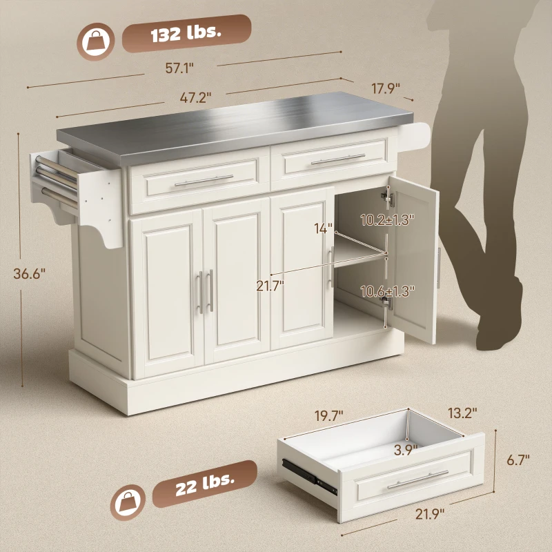 HOMCOM Rolling Kitchen Island with Stainless Steel Top, 2 Drawers, Spice, Knife and Towel Rack and Cabinets, Cream White