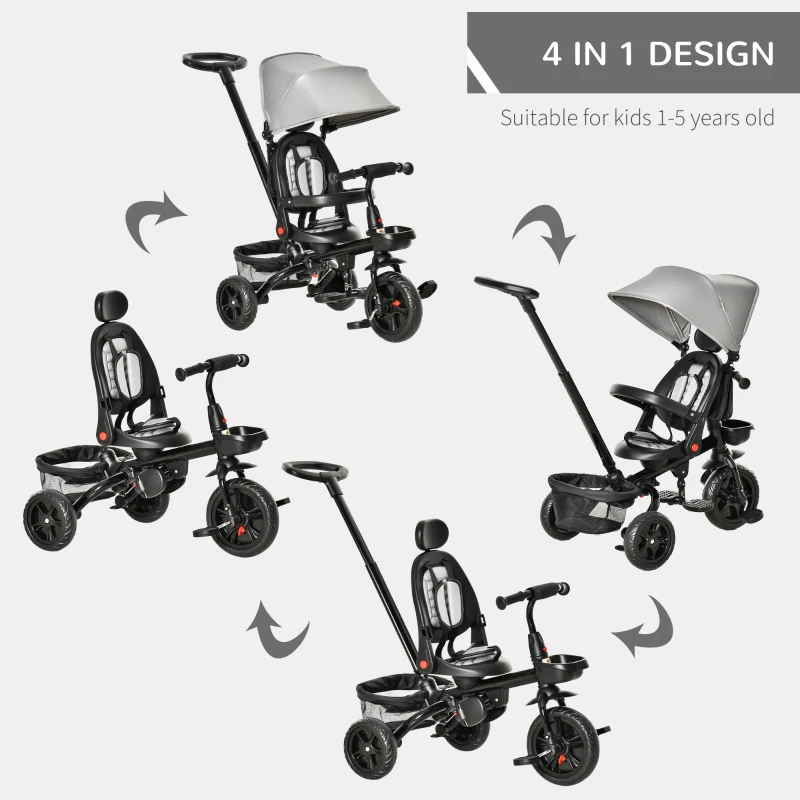 Qaba Tricycle for Toddler 4 in 1 Kids Trike, Foldable Converts Stroller to Toddler Bike, Adjustable Backrest & Curved Canopy, Detachable Guardrail & Handle for 1-5 Years Old, Grey