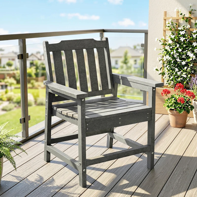 Outsunny All-Weather Patio Chair, HDPE Patio Dining Chair, Heavy Duty Wood-Like Outdoor Furniture for Garden, Backyard, Deck, Porch, Lawn, Gray