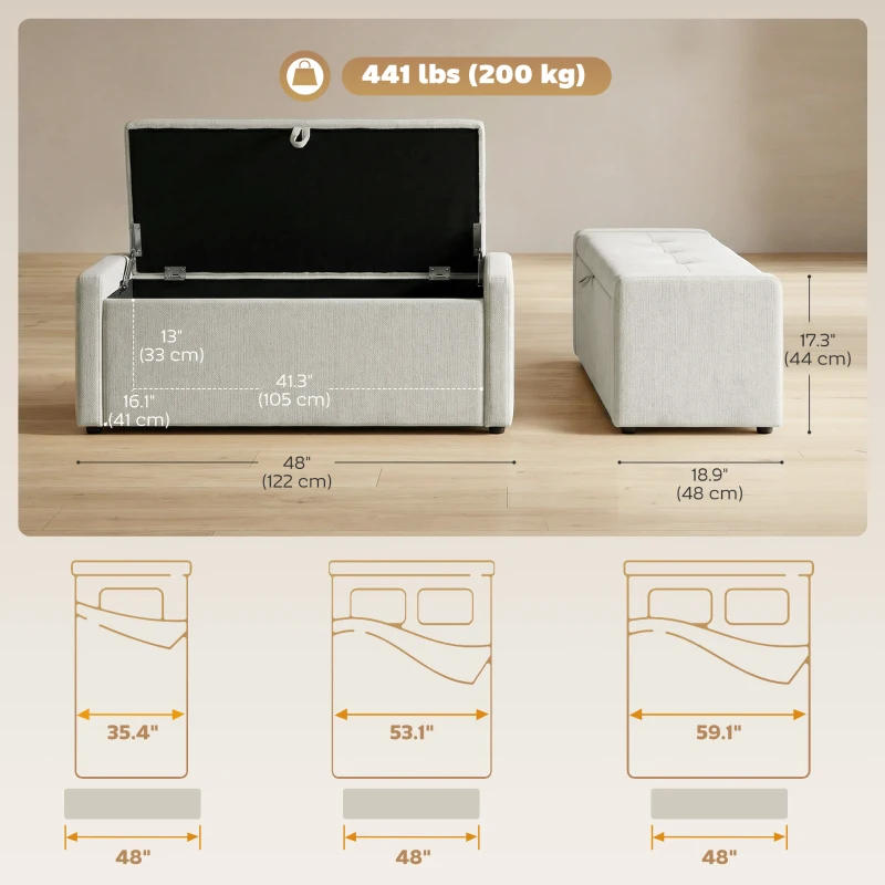 HOMCOM Storage Ottoman Bench, Linen-Look Fabric Upholstered Ottoman with Storage, Wide Padded Seat, Cream White