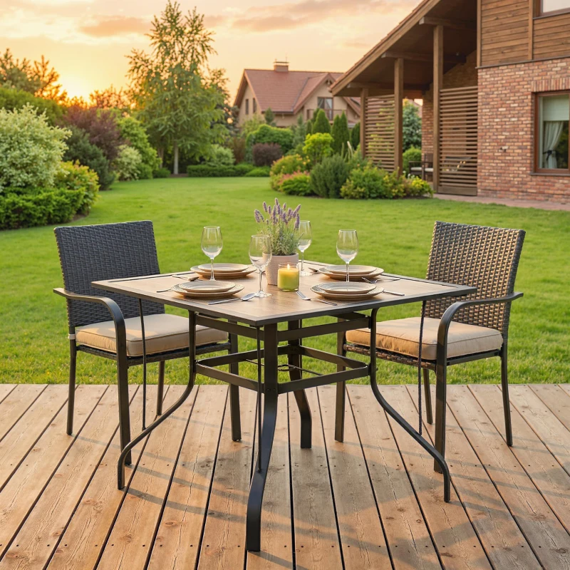 Outsunny 36" x 36" x 28" Square Patio Dining Table with Umbrella Hole, Easy to Clean Top & Rustproof Steel Frame, for Garden Pool