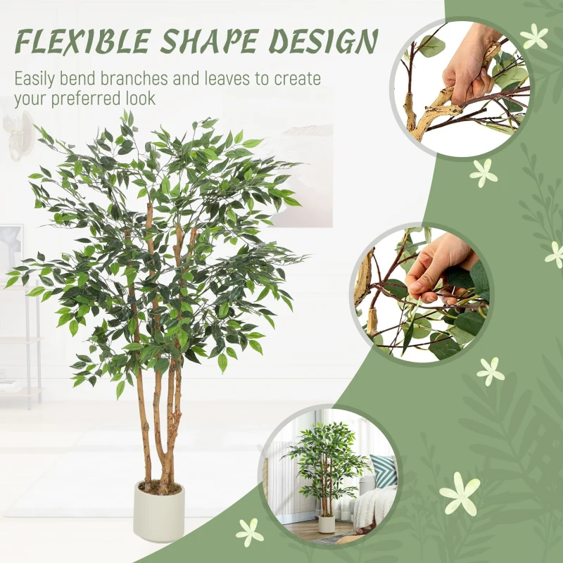 HOMCOM 5FT Artificial Banyan Tree Set of 2, Fake Potted Tree with Solid Wood Trunk and Pot for Indoor