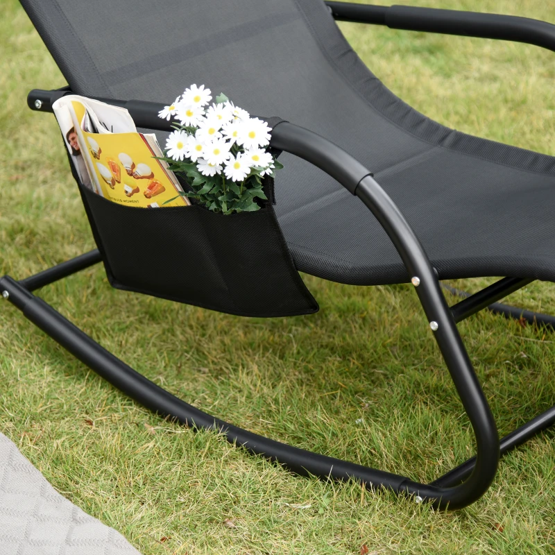 Outsunny Patio Rocking Chair with Mesh Fabric, Outdoor Rocking Sling Sun Lounger with Removable Headrest and Side Pocket for Garden, Deck, Lawn, Black