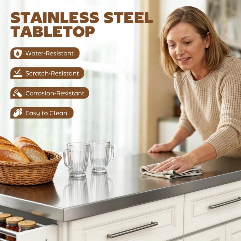 HOMCOM Rolling Kitchen Island with Stainless Steel Top, 2 Drawers, Spice, Knife and Towel Rack and Cabinets, Cream White