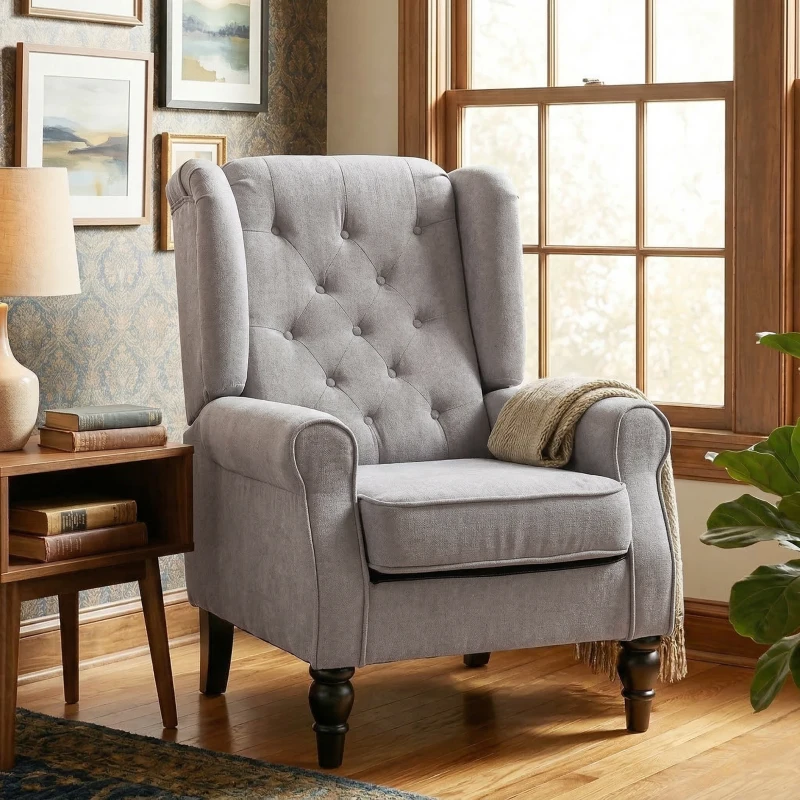 HOMCOM Fabric Accent Chair, Button Tufted Armchair, Upholstered Modern Living Room Chair, Wingback Chair with Wood Legs, Rolled Arms, Thick Padding for Bedroom, Grey