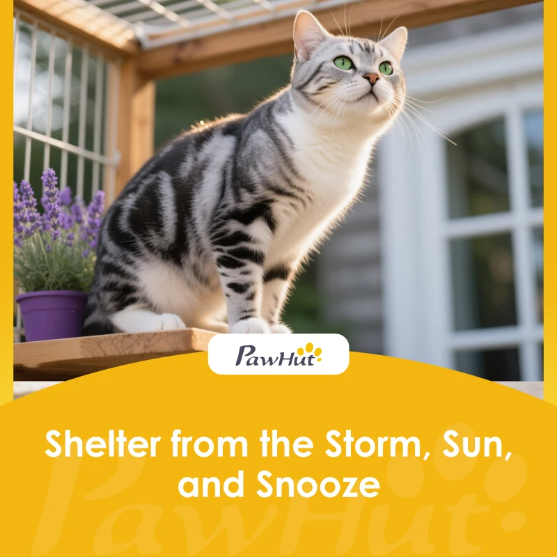 PawHut Catio Outdoor Cat Enclosure, 77" H Wooden Cat House with Weatherproof Roof, Platforms and Scratching Post