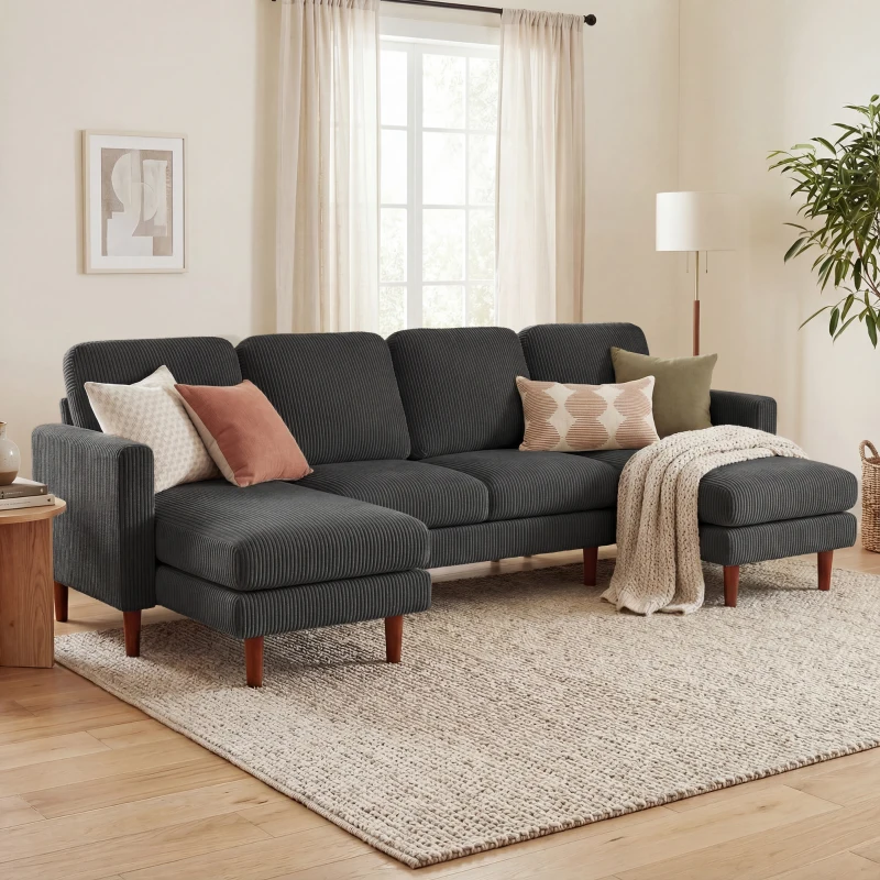 HOMCOM Sectional Sofa, Corduroy U Shaped Couch with Double Chaise and Spring Cushions, 2200lb Capacity, Dark Grey