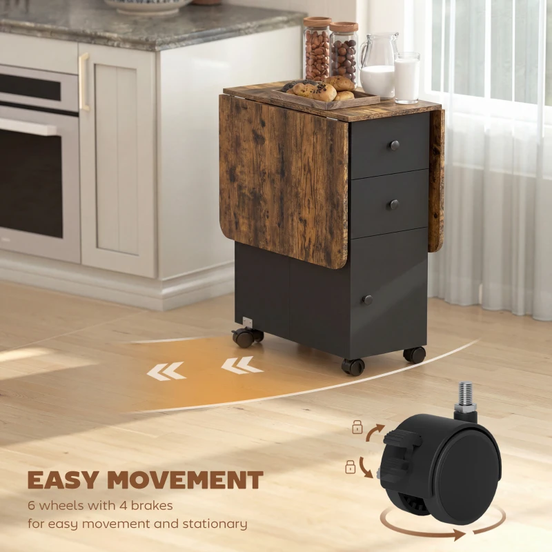 HOMCOM Drop Leaf Dining Table, Mobile Folding Table on Wheels with Drawers and Cabinet for Dining Room, Rustic Brown and Black