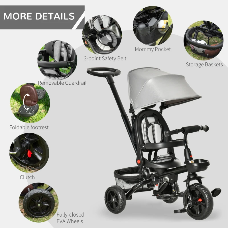 Qaba Tricycle for Toddler 4 in 1 Kids Trike, Foldable Converts Stroller to Toddler Bike, Adjustable Backrest & Curved Canopy, Detachable Guardrail & Handle for 1-5 Years Old, Grey