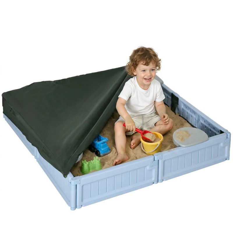 Outsunny Kids Outdoor Sandbox with Canopy, Bottom Fabric Liner, Light Blue