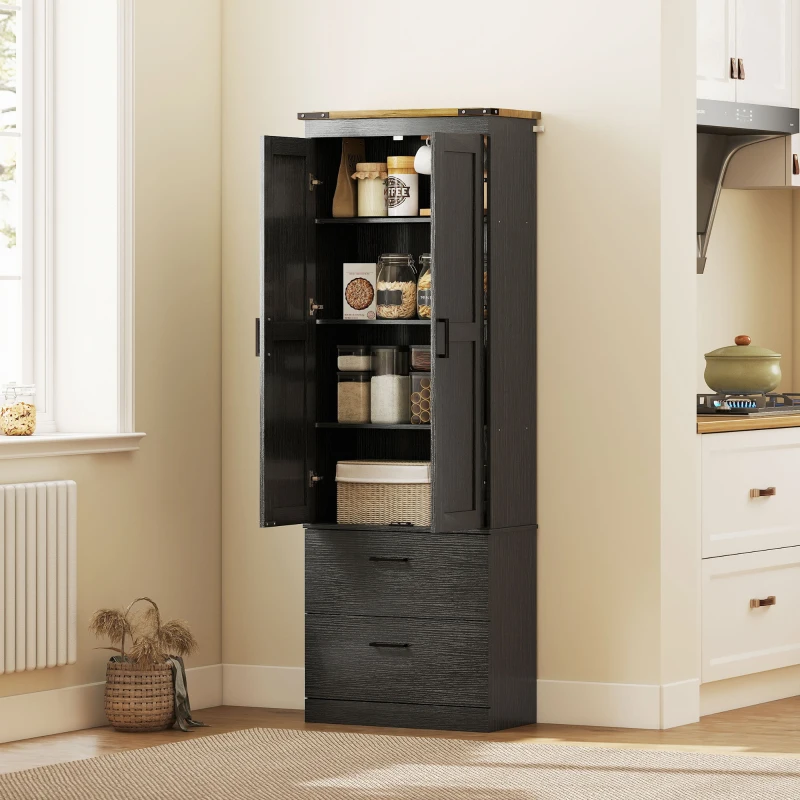 HOMCOM 67" Tall Kitchen Pantry Storage Cabinet, Kitchen Pantry Cabinet with Doors, Drawers and Adjustable Shelves, Black