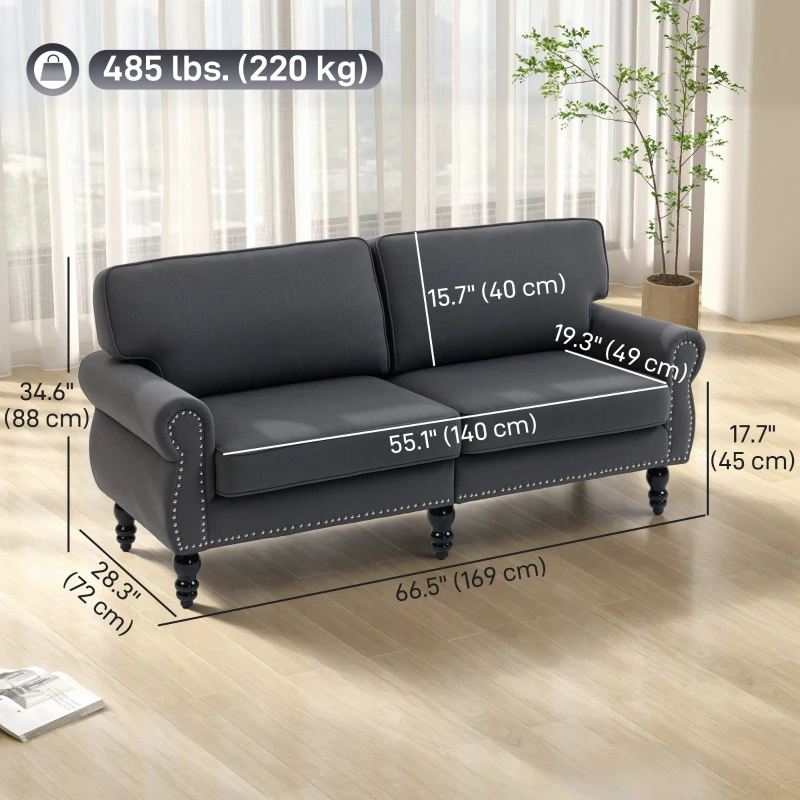 HOMCOM Stylish Midback Double Sofa with Sponge Padding, 2 Seater Sofa Couch, with Rubber Wood Leg, Dark Grey