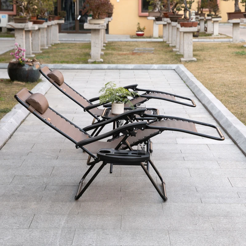 Outsunny Zero Gravity Chair Set of 2 Patio Chair with Side Table Cupholders and Pillows for Pool, Backyard, Lawn, Beach, Brown