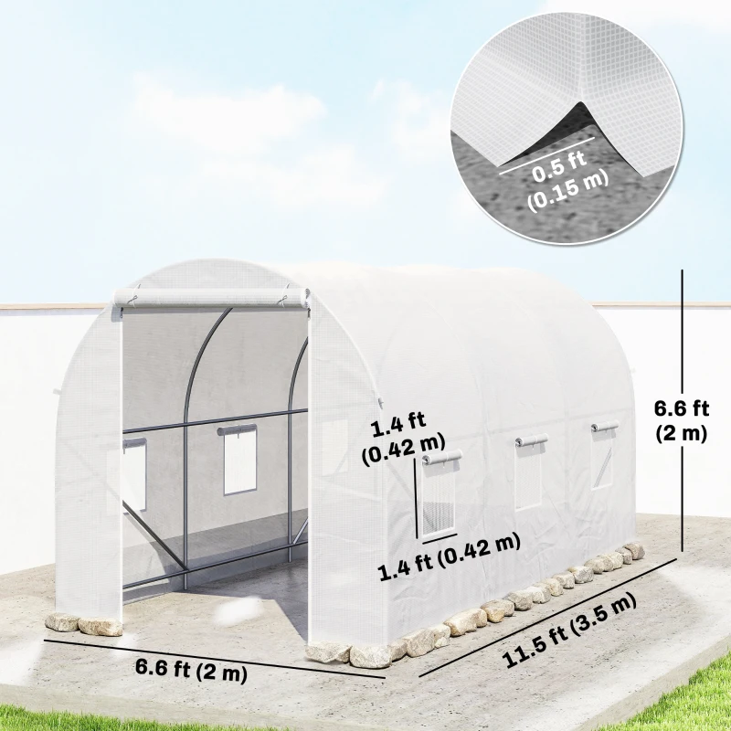 Outsunny 11.5x6.6x6.6ft Walk-in Tunnel Greenhouse Portable Garden Plant Growing Warm House with Door and Ventilation Window, White