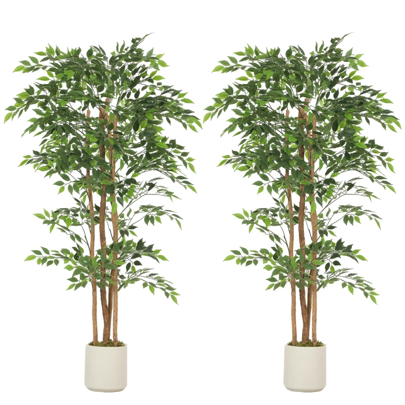HOMCOM 6FT Artificial Banyan Tree Set of 2, Fake Potted Tree with Solid Wood Trunk and Pot for Indoor