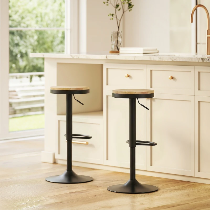 HOMCOM Wood Barstools Set of 2, Swivel Bar Stools with Adjustable Height for Kitchen Counter, Natural Wood and Black