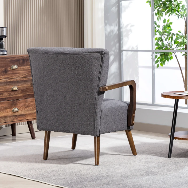 HOMCOM Accent Chair with Wooden Legs, Linen Fabric Armchair with Thick Padding, Comfy Chair for Living Room, Dark Grey