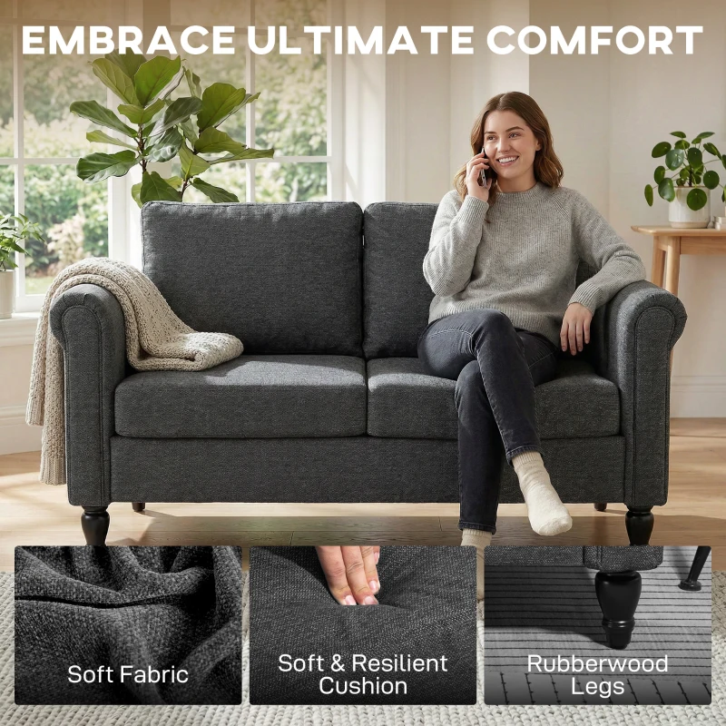 HOMCOM Vintage Loveseat, Upholstered Love Seat Furniture, Chenille-feel Fabric 2 Seater Sofa Couch with Rolled Arms, Gourd-Shaped Rubber Wood Legs for Living Room, Dark Grey