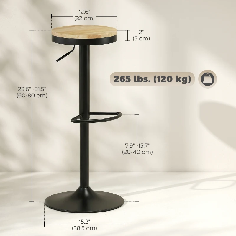 HOMCOM Wood Barstools Set of 2, Swivel Bar Stools with Adjustable Height for Kitchen Counter, Natural Wood and Black