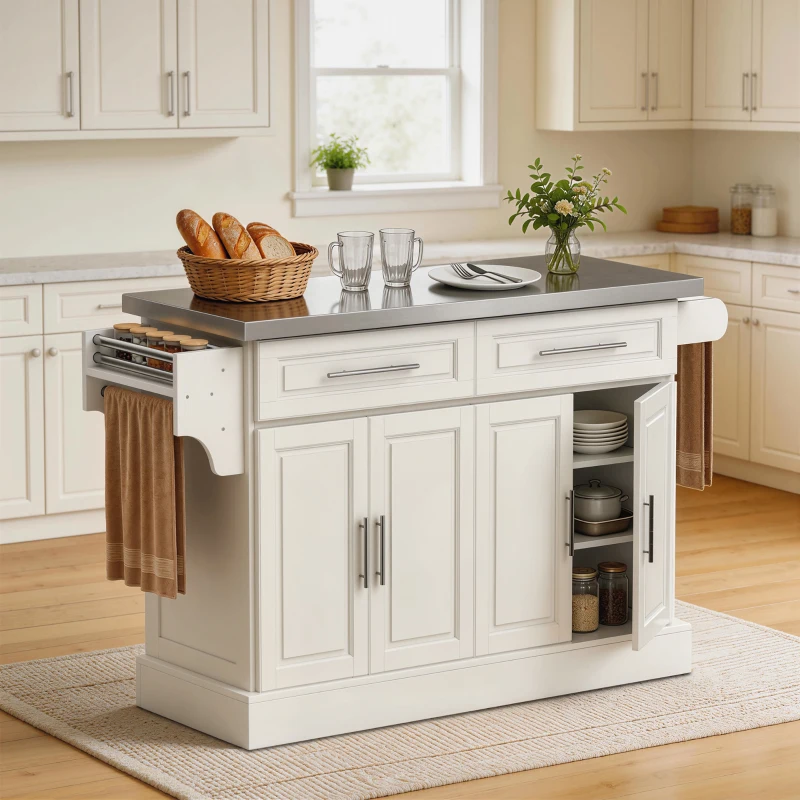 HOMCOM Rolling Kitchen Island with Stainless Steel Top, 2 Drawers, Spice, Knife and Towel Rack and Cabinets, Cream White