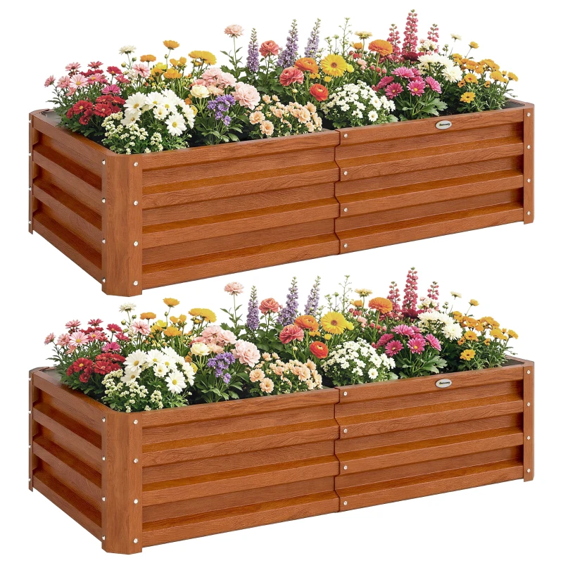 Outsunny 4' x 2' x 1' Raised Garden Bed, Set of 2 Galvanized Planter Box for Vegetables, Flowers, Herbs, Dark Brown Wood Effect
