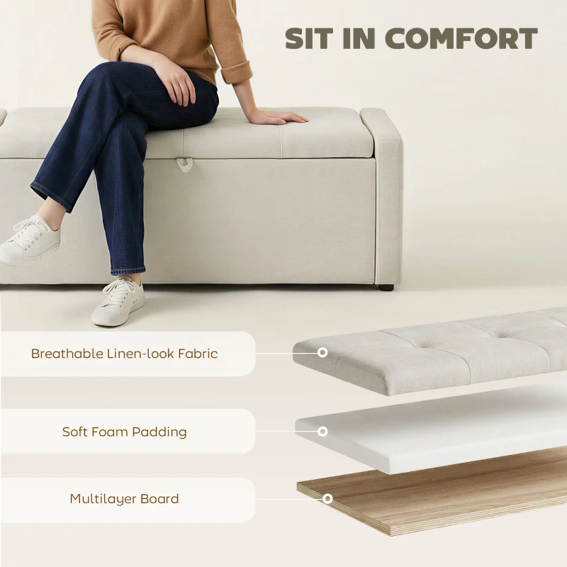 HOMCOM Storage Ottoman Bench, Linen-Look Fabric Upholstered Ottoman with Storage, Wide Padded Seat, Cream White