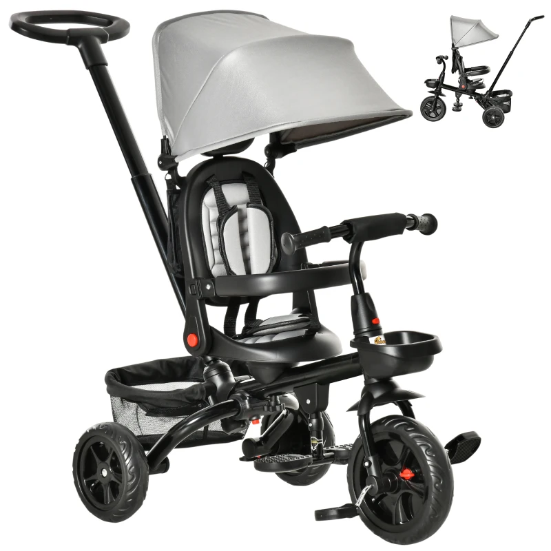 Qaba Tricycle for Toddler 4 in 1 Kids Trike, Foldable Converts Stroller to Toddler Bike, Adjustable Backrest & Curved Canopy, Detachable Guardrail & Handle for 1-5 Years Old, Grey