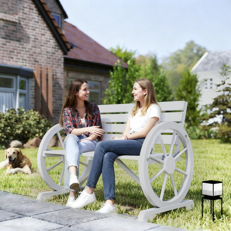 Outsunny 41" Wooden Wagon Wheel Bench, Rustic Outdoor Patio Weather Resistance Furniture, 2-Person Slatted Seat Bench with Backrest, Light Gray