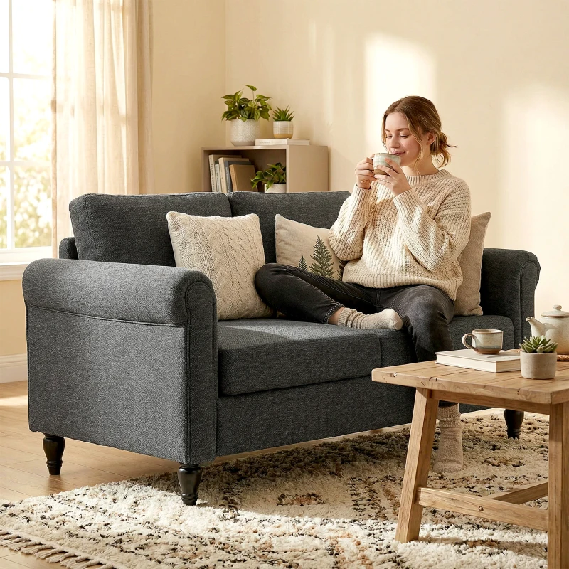 HOMCOM Vintage Loveseat, Upholstered Love Seat Furniture, Chenille-feel Fabric 2 Seater Sofa Couch with Rolled Arms, Gourd-Shaped Rubber Wood Legs for Living Room, Dark Grey