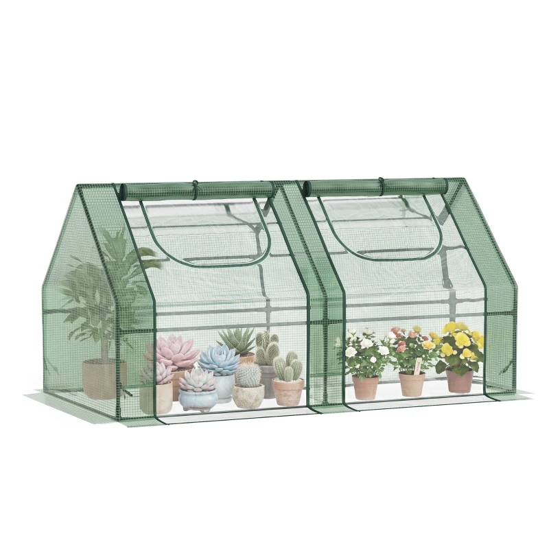 Outsunny 6' x 3' x 3' Portable Mini Greenhouse, Garden Green House Kit with 2 PE/Plastic Covers, Steel Frame and 2 Roll Up Zipper Windows, Dark Green