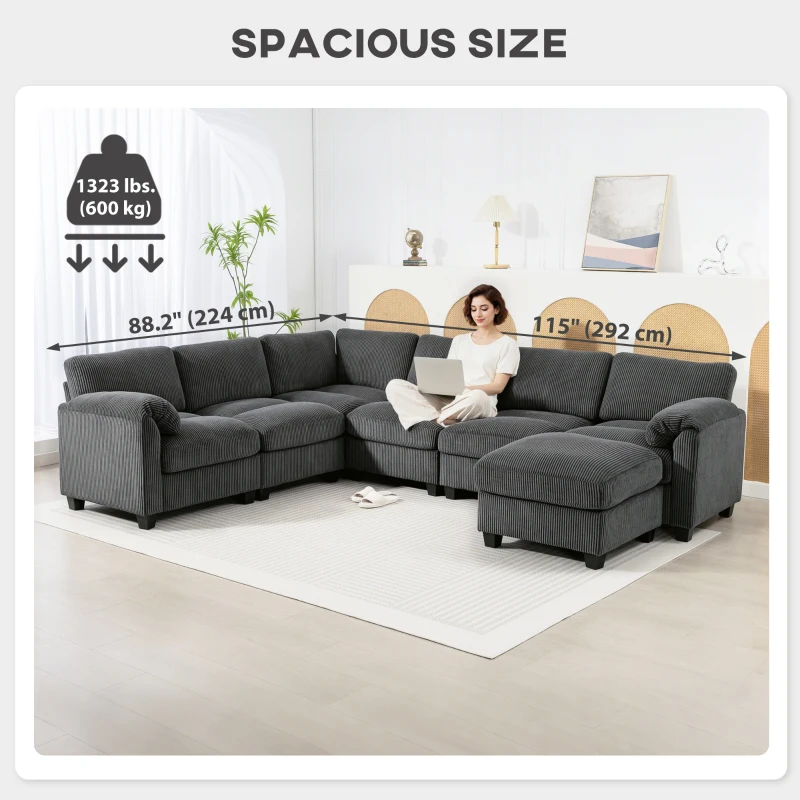 HOMCOM Modular Sectional Sofa, Oversized U-Shaped Couch with Spring Cushion, Corduroy Sofa for Living Room, Charcoal Grey