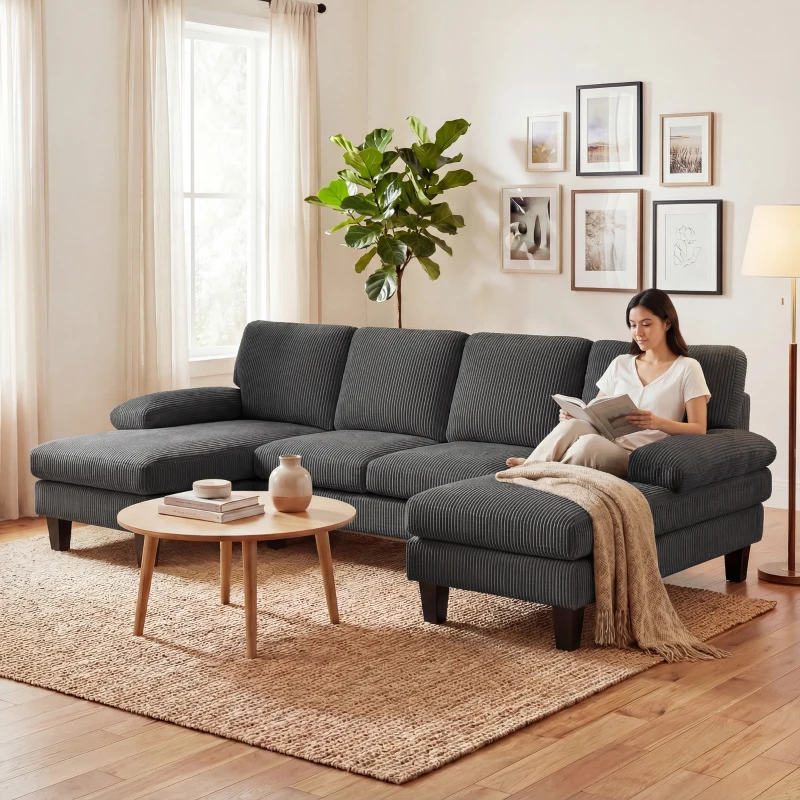 HOMCOM Sectional Sofa, U Shaped Couch with Double Chaise, Pillow-top Armrests and Spring Cushions, 2200lb Capacity, Dark Grey