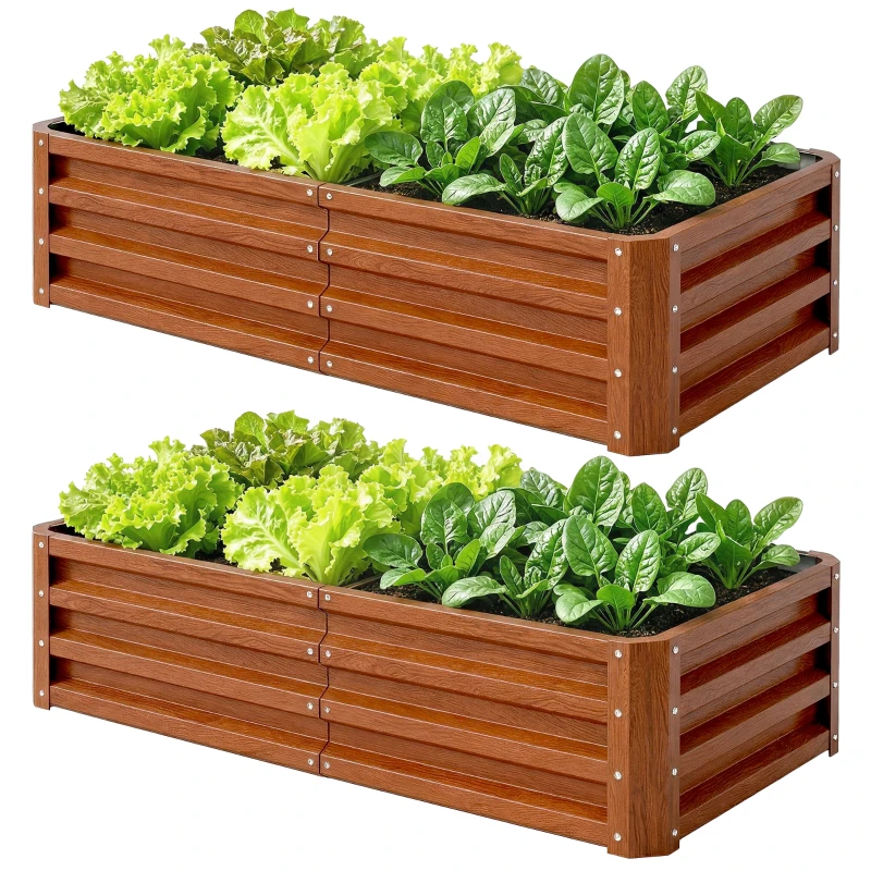 Outsunny 4' x 2' x 1' Raised Garden Bed, Set of 2 Galvanized Planter Box for Vegetables, Flowers, Herbs, Dark Brown Wood Effect