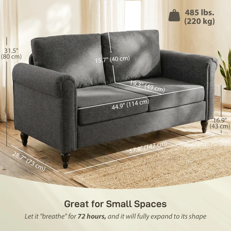 HOMCOM Vintage Loveseat, Upholstered Love Seat Furniture, Chenille-feel Fabric 2 Seater Sofa Couch with Rolled Arms, Gourd-Shaped Rubber Wood Legs for Living Room, Dark Grey